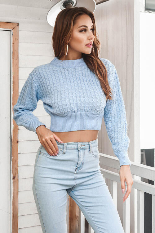 Round Neck Long Sleeve Cropped Sweater - Deals DejaVu