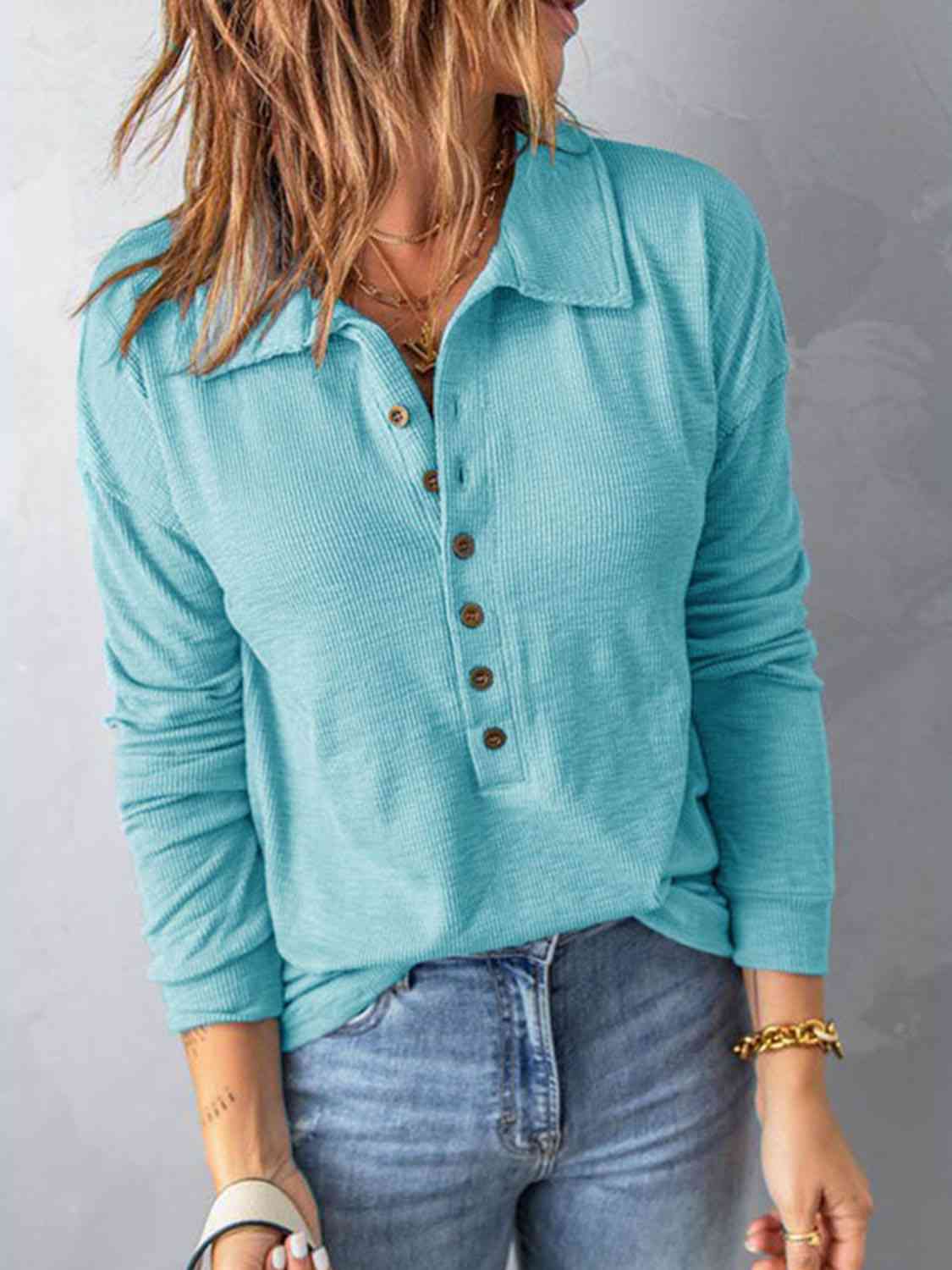 Collared Neck Half Button Top (BFD) T - Deals DejaVu