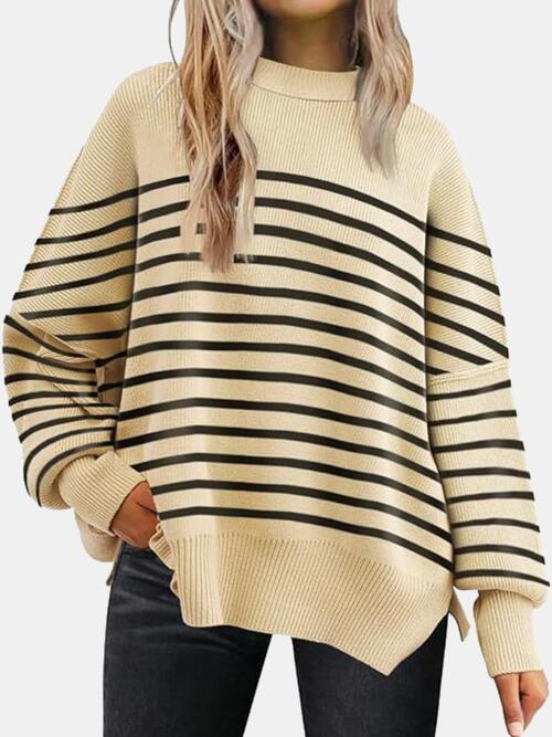 Round Neck Drop Shoulder Slit Sweater (BFD) T - Deals DejaVu