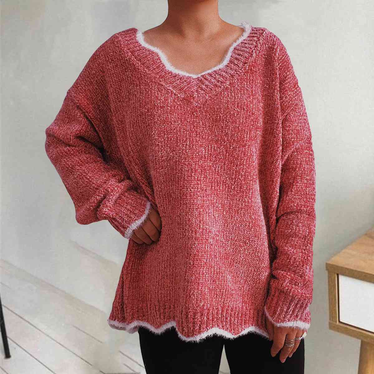 V-Neck Drop Shoulder Long Sleeve Sweater - Deals DejaVu