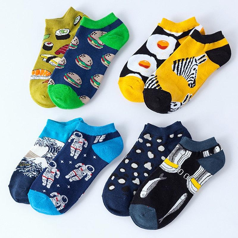 5 pairs Women's Cotton Art Ankle Socks - With Print Cute Funny Retro Painting Short Sock (D87)(3WH1)(2WH1)