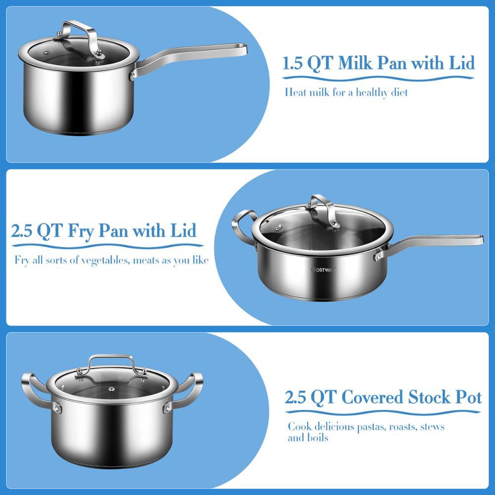 6 Piece Stainless Steel Cookware Set - Nonstick Pot And Pans w/ Glass Lids Silver (D61)(AK1)(1U61)