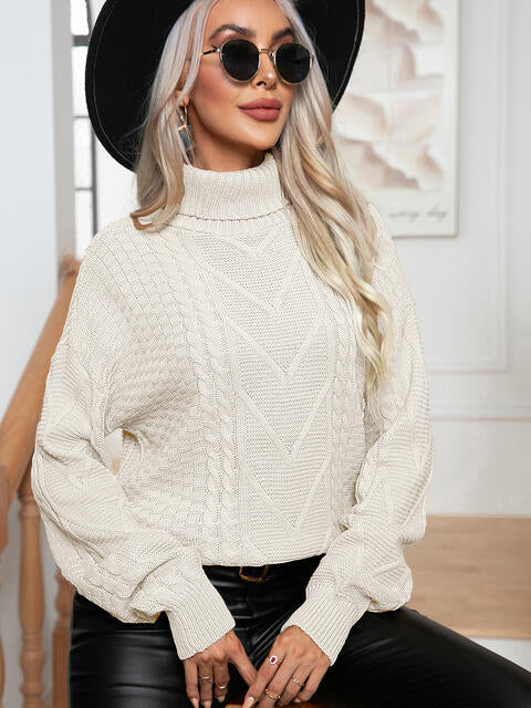 Turtleneck Cable-Knit Long Sleeve Sweater - Deals DejaVu