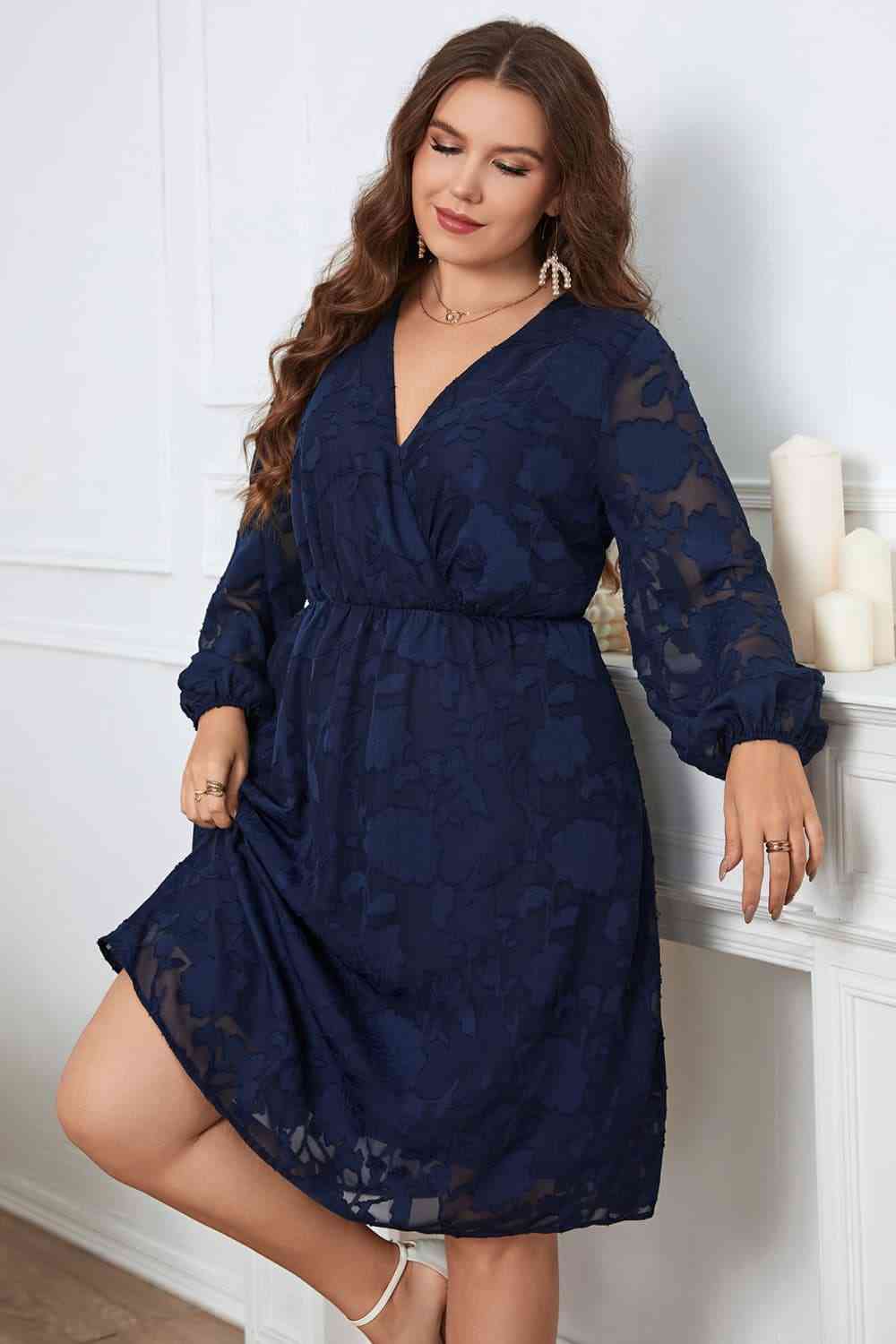 Melo Apparel Plus Size Surplice Neck Balloon Sleeve Dress (MWBT) T - Deals DejaVu