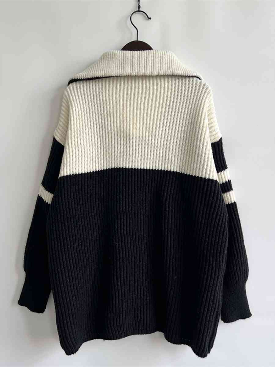 Ribbed Two-Tone Half Zip Sweater - Deals DejaVu