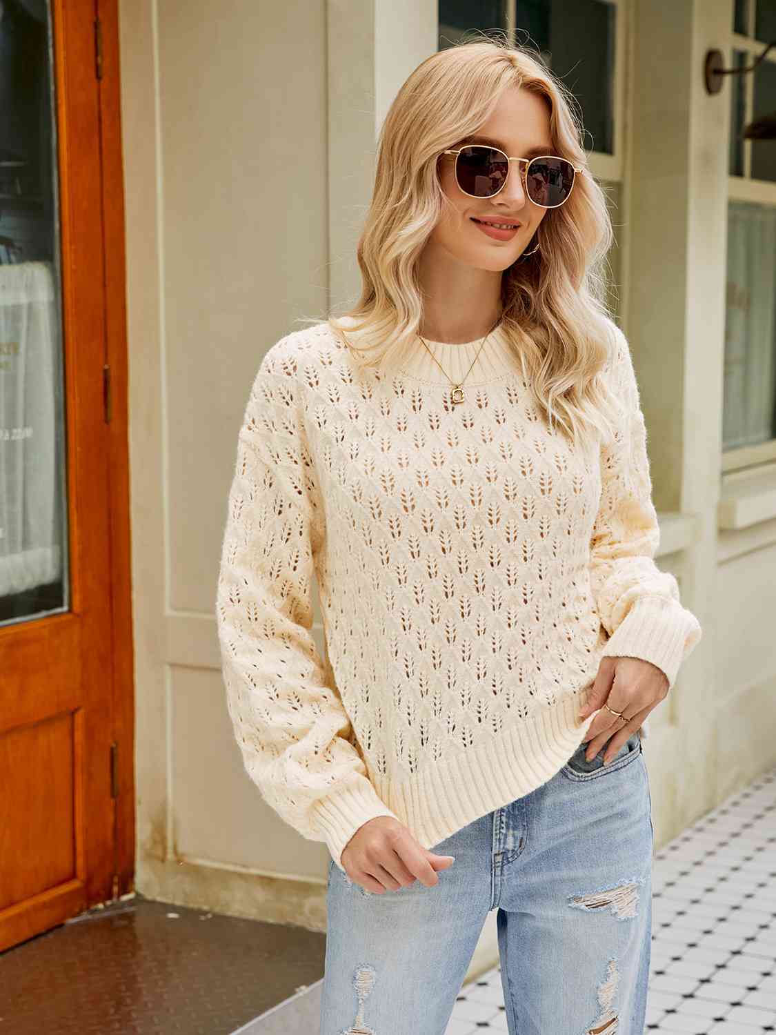 Openwork Round Neck Sweater