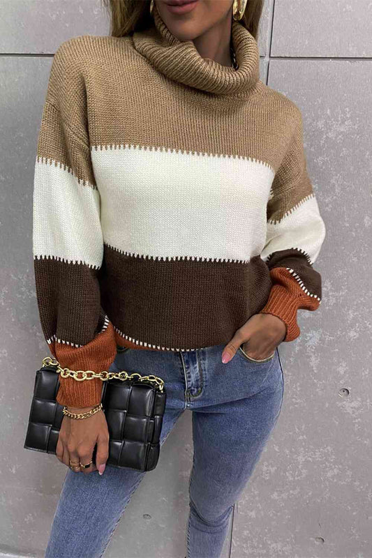 Color Block Lantern Sleeve Turtleneck Sweater - Deals DejaVu