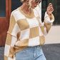 Checkered Exposed Seam Drooped Shoulder Sweater - Deals DejaVu