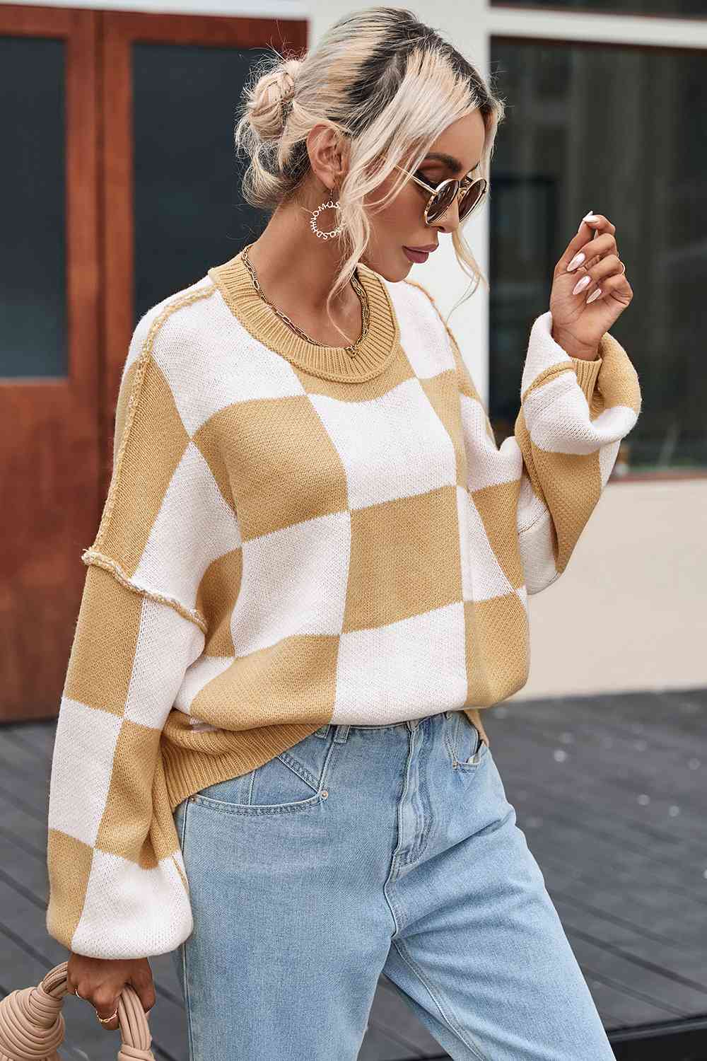 Checkered Exposed Seam Drooped Shoulder Sweater - Deals DejaVu