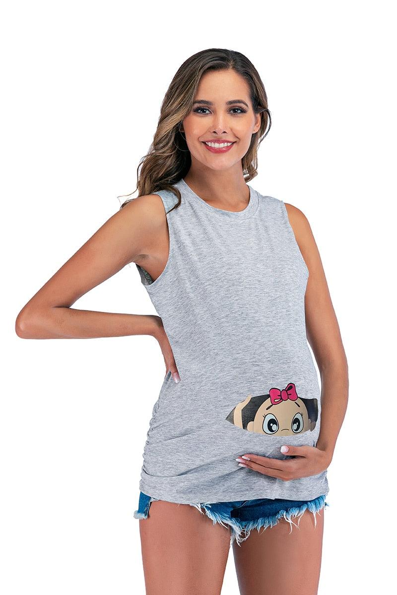 Trending Funny Printed Maternity Belly T Shirt - Summer Sleeveless Tank - Vest T-shirt Clothes - Pregnancy Tees Tops (D4)(Z1)