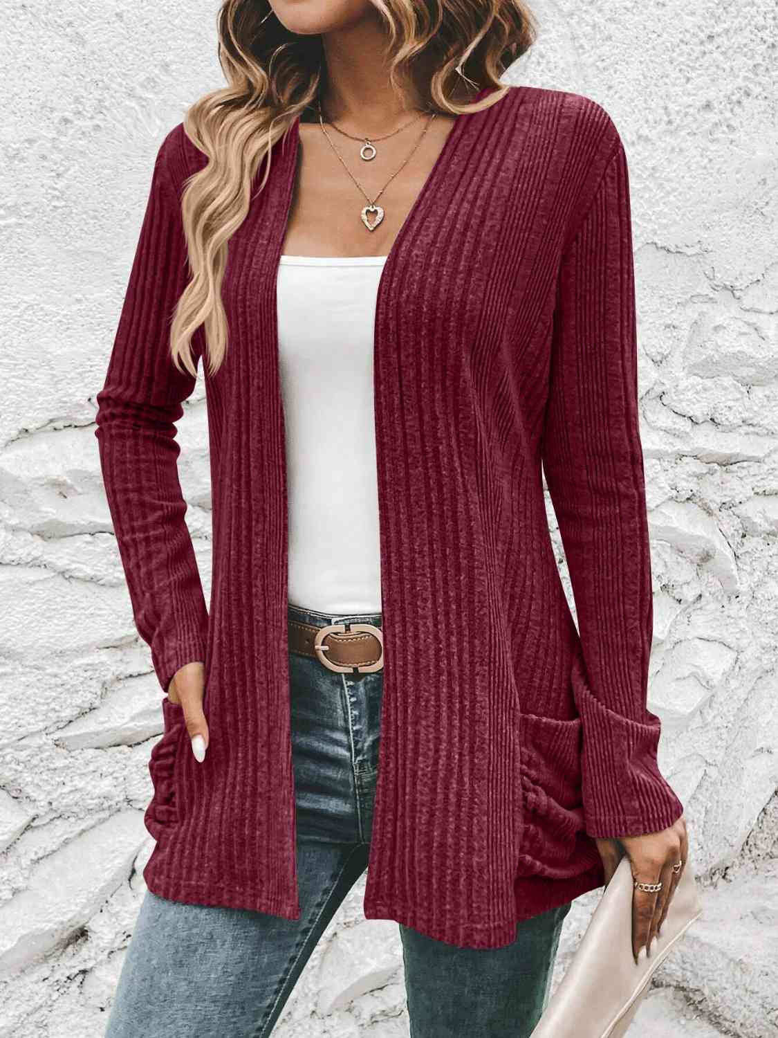 Ribbed Open Front Cardigan with Pockets (BFD) T - Deals DejaVu