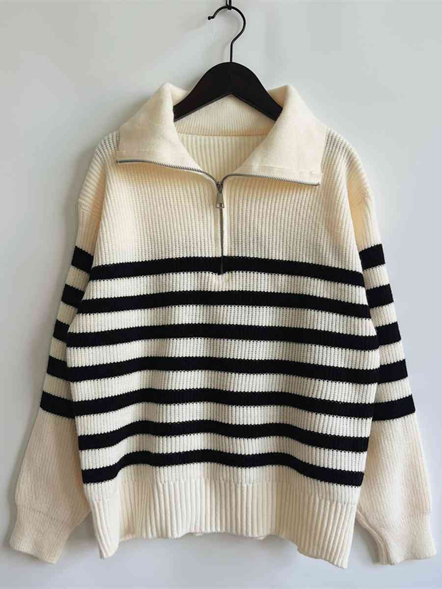 Striped Half Zip Collared Sweater - Deals DejaVu