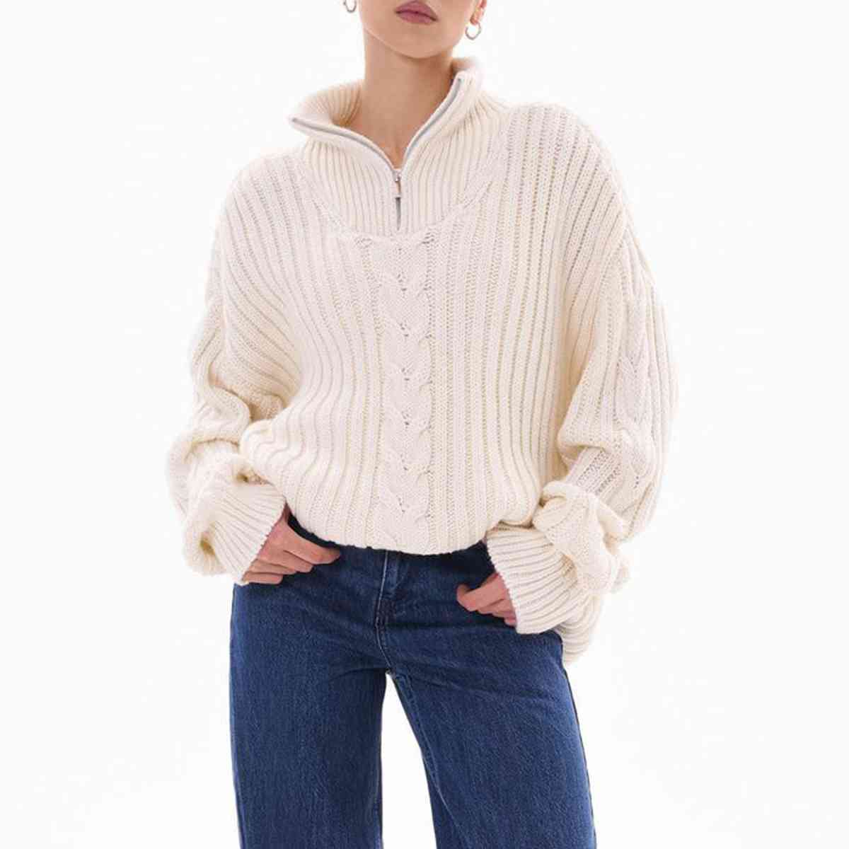 Ribbed Half Zip Long Sleeve Sweater - Deals DejaVu