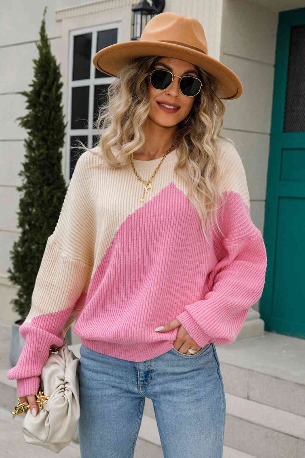 Two-Tone Round Neck Ribbed Sweater - Deals DejaVu