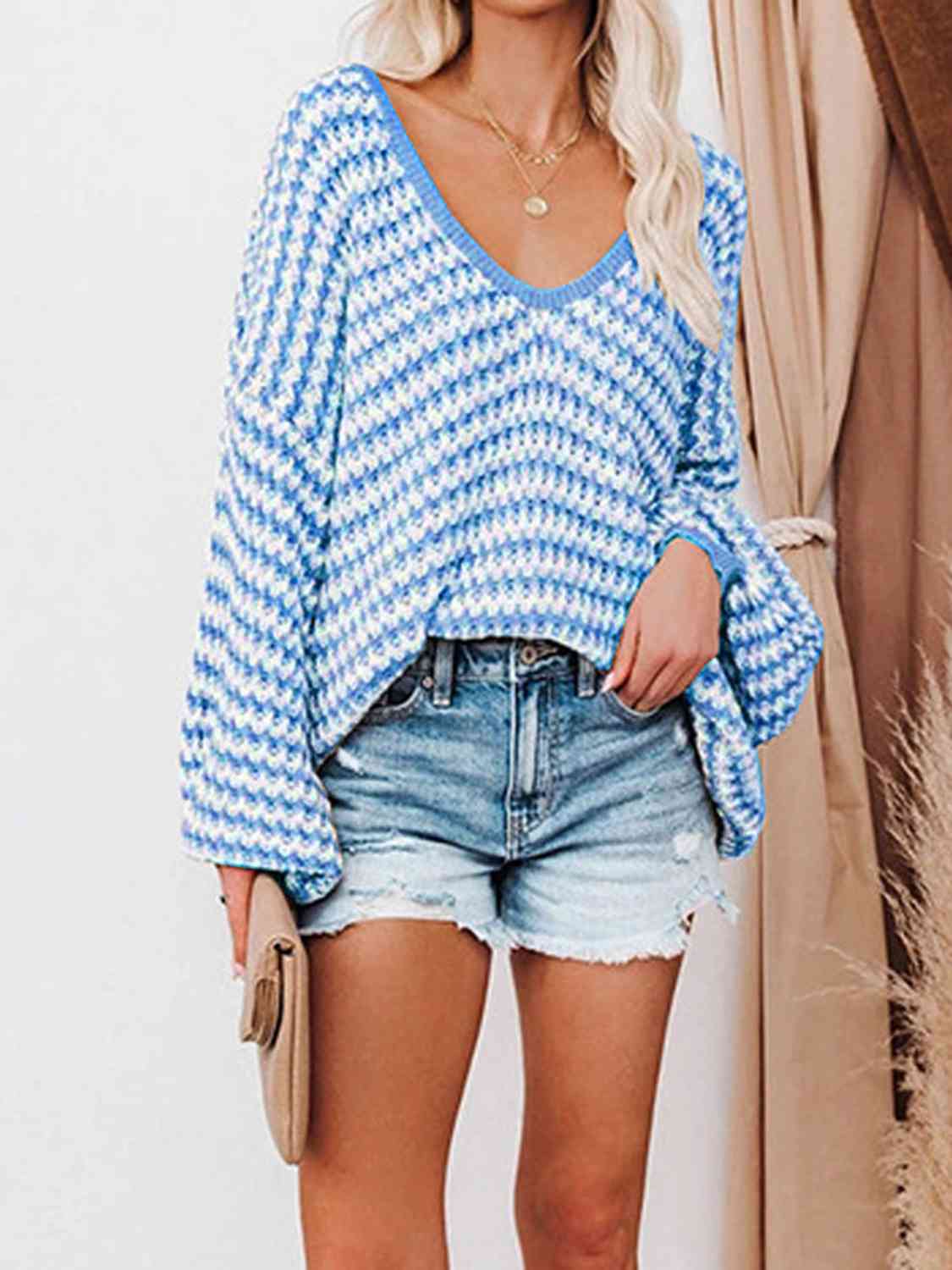 Striped Drop Shoulder V-Neck Sweater - Deals DejaVu