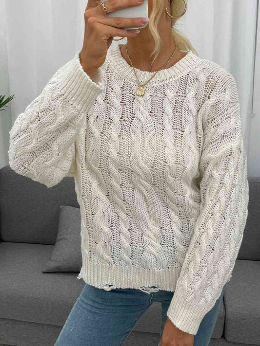 Openwork Distressed Long Sleeve Sweater - Deals DejaVu