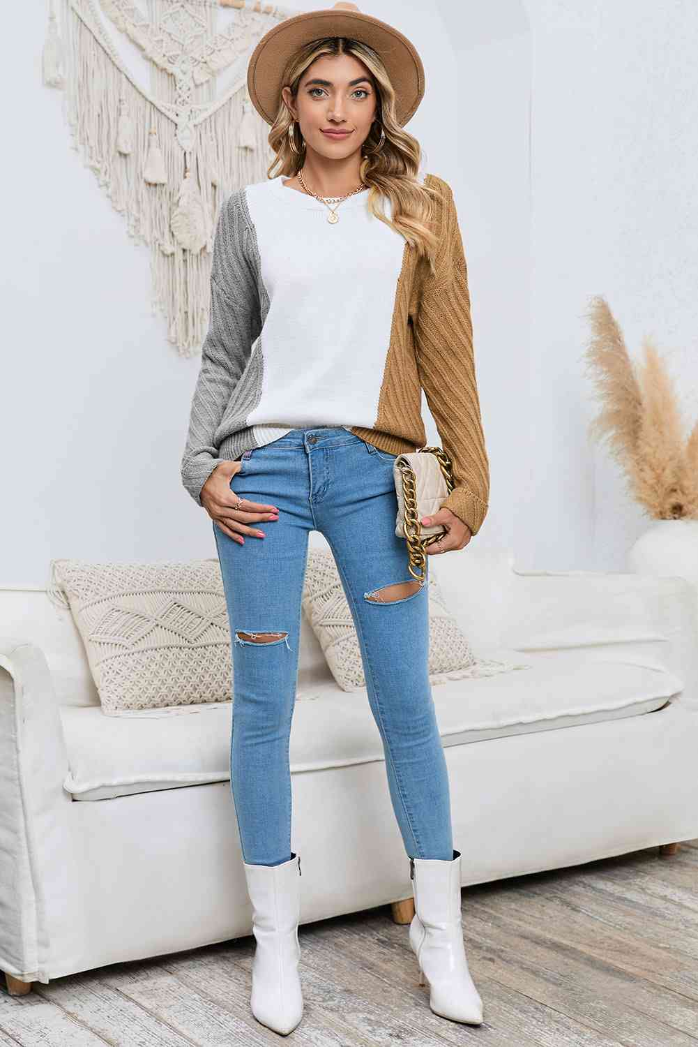 Contrast Color Dropped Shoulder Sweater - Deals DejaVu