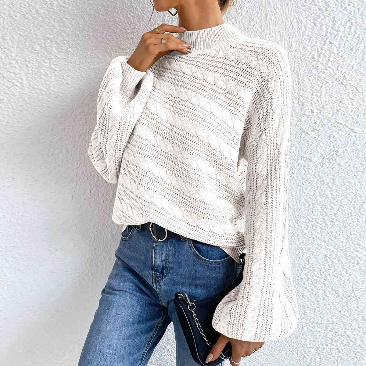 Cable-Knit Mock Neck Long Sleeve Sweater - Deals DejaVu