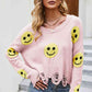 Smiley Face Distressed Round Neck Sweater - Deals DejaVu