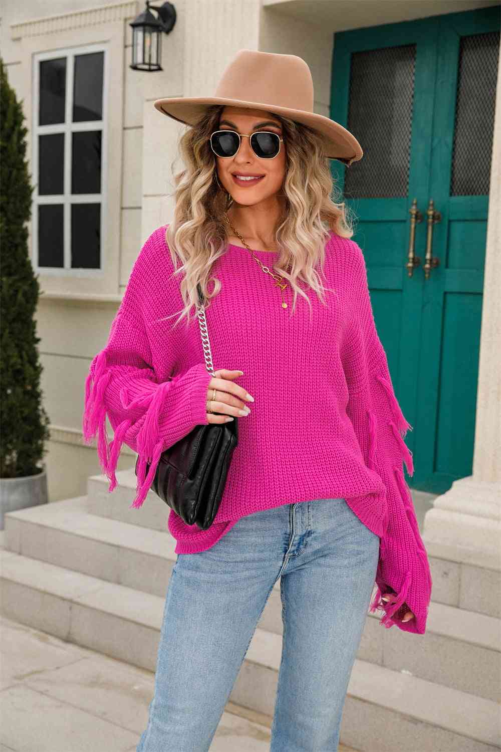 Ribbed Round Neck Fringe Detail Sweater