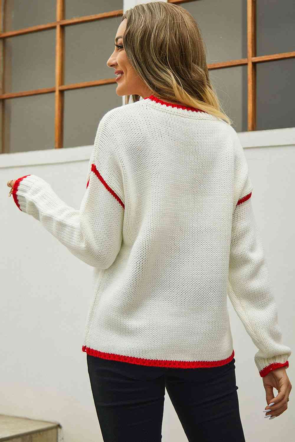 Round Neck Long Sleeve Waffle-Knit Sweater - Deals DejaVu