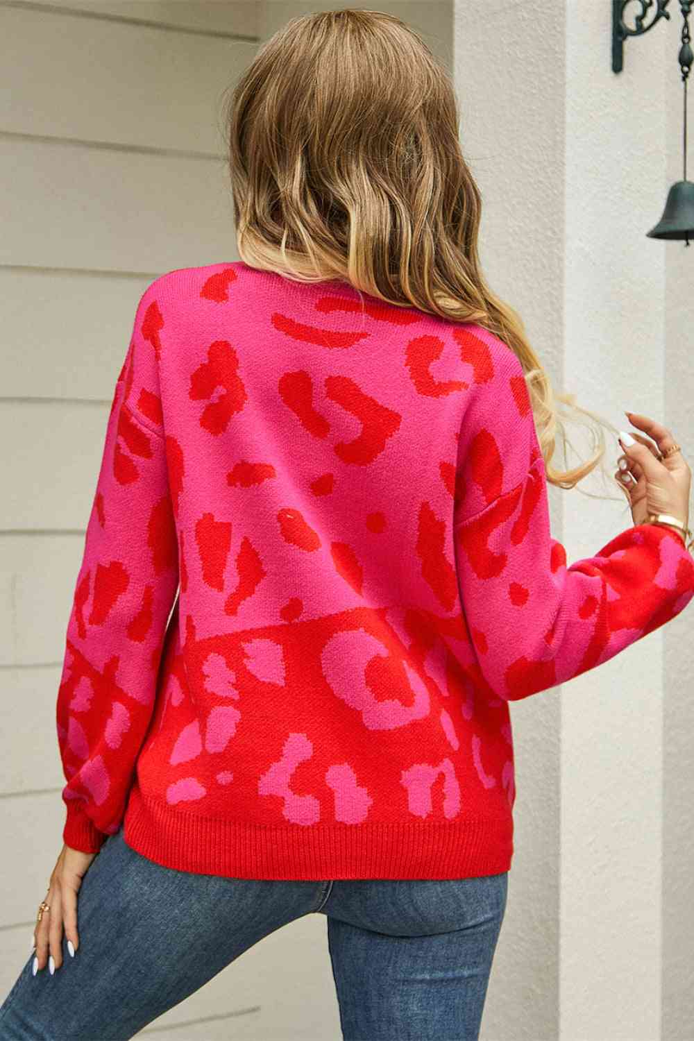 Woven Right Leopard Round Neck Dropped Shoulder Sweater - Deals DejaVu