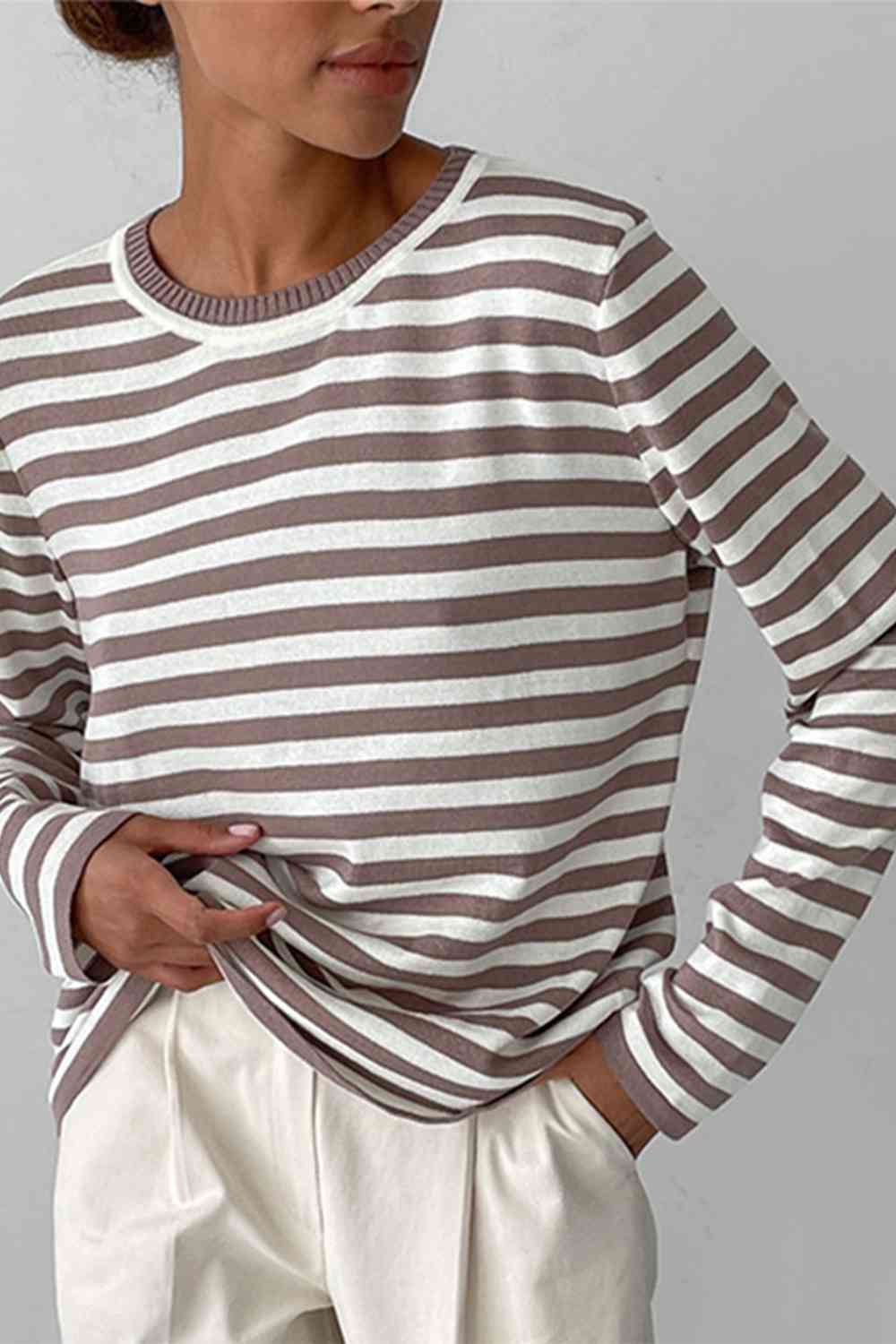 Striped Round Neck Long Sleeve Sweater - Deals DejaVu