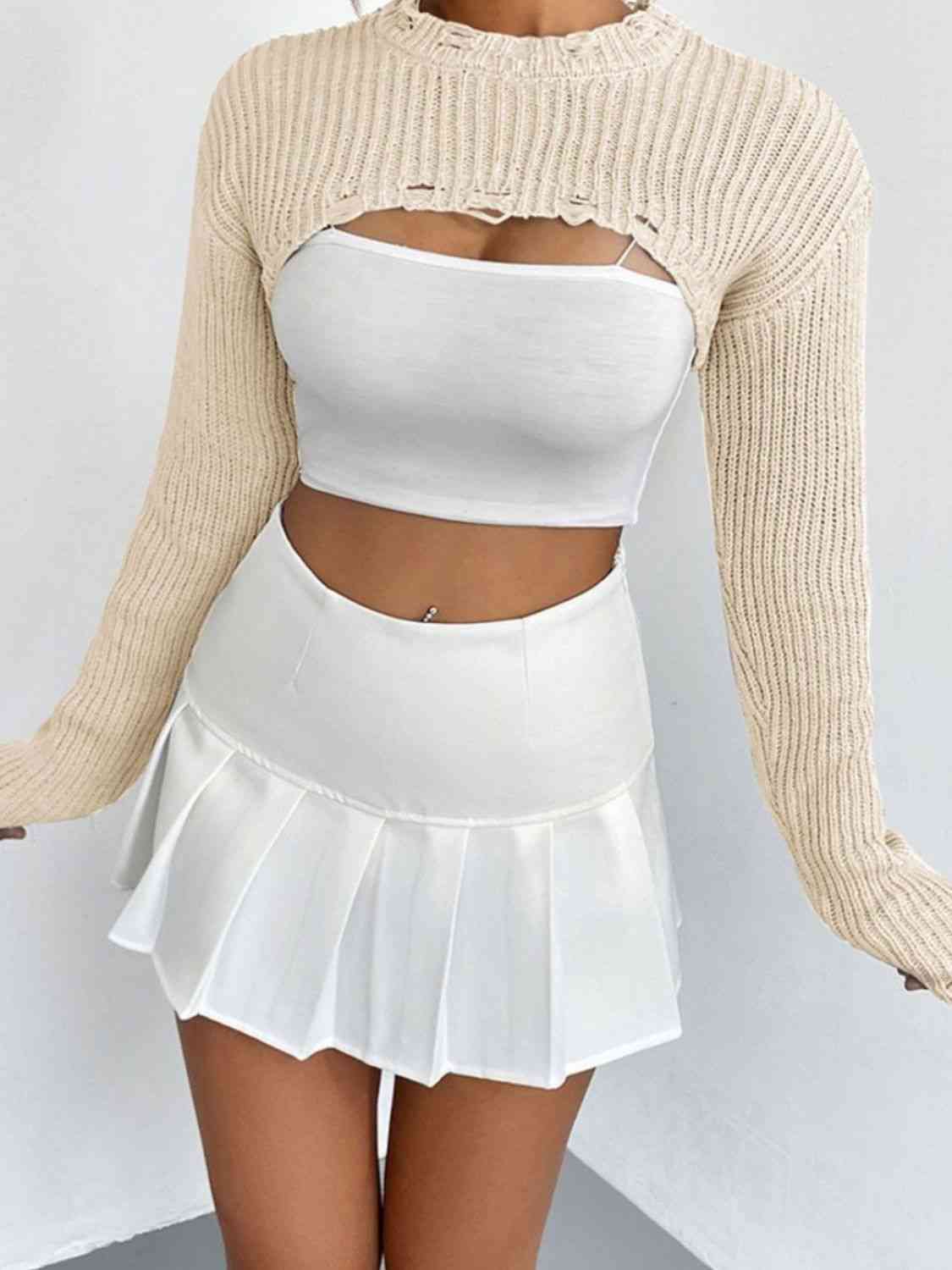 Distressed Long Sleeve Cropped Sweater - Deals DejaVu