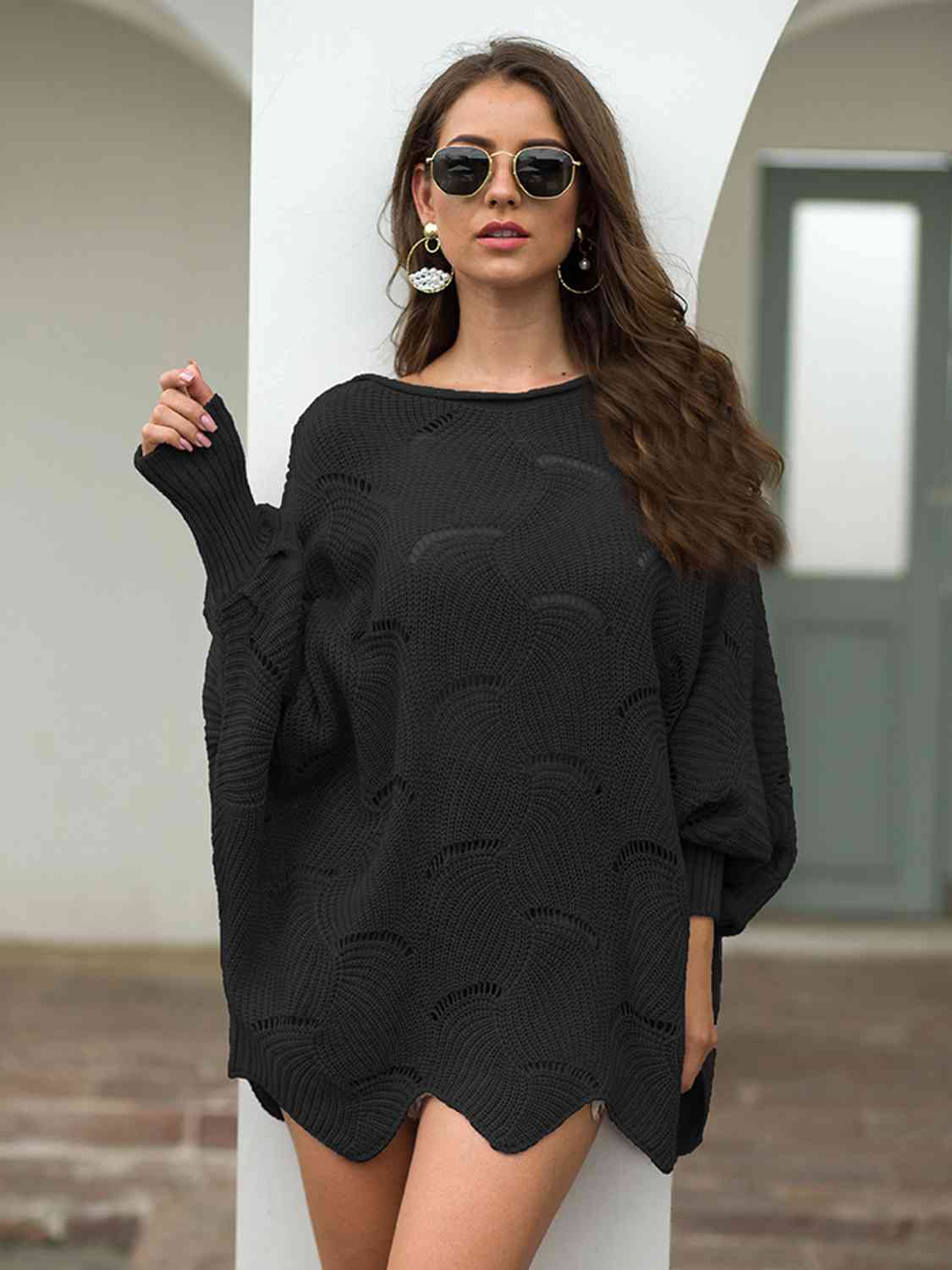 Full Size Boat Neck Lantern Sleeve Openwork Knit Top - Deals DejaVu