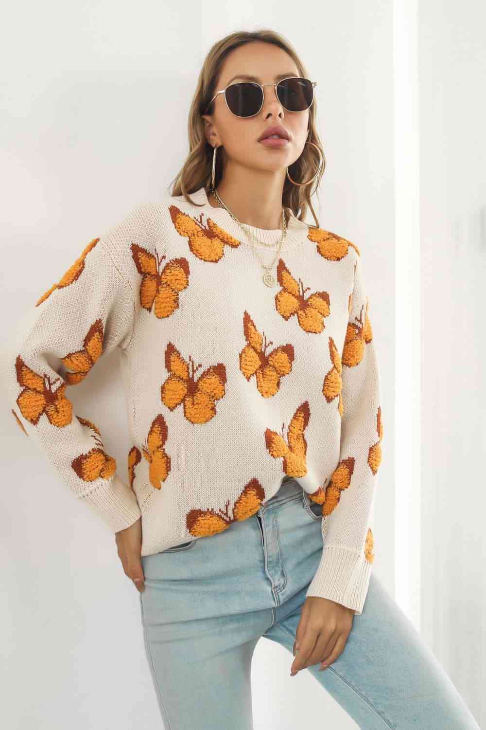 Butterfly Pattern Round Neck Dropped Shoulder Sweater - Deals DejaVu