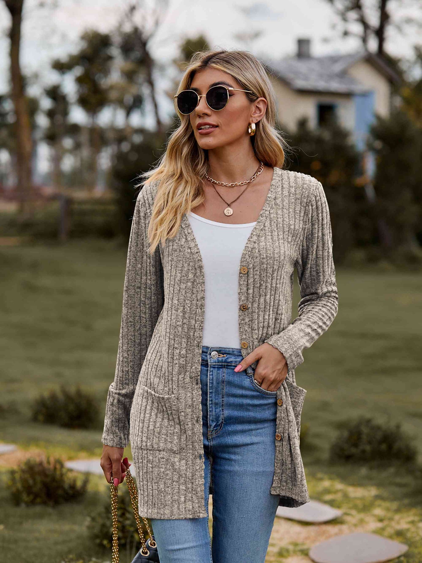 Ribbed Button-Up Cardigan with Pockets (BFD) T - Deals DejaVu