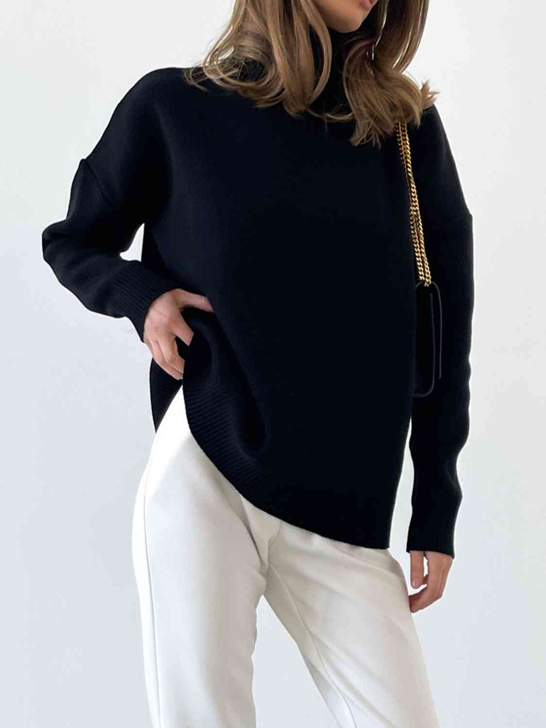 Mock Neck Dropped Shoulder Sweater - Deals DejaVu