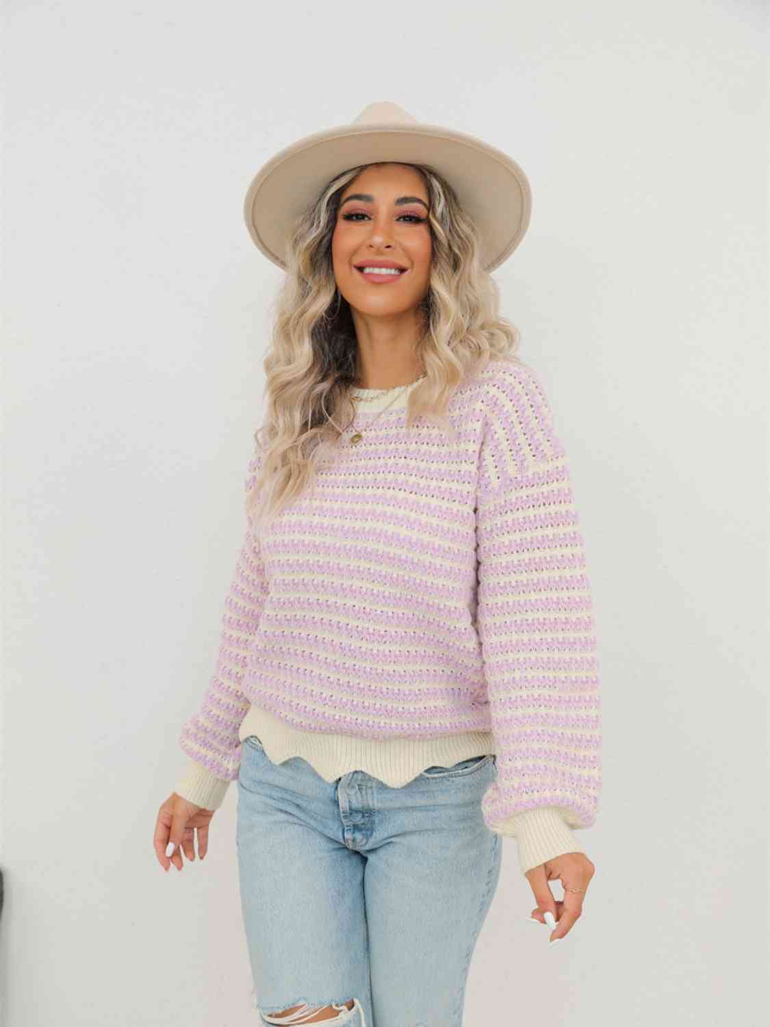 Striped Buttoned Round Neck Sweater - Deals DejaVu