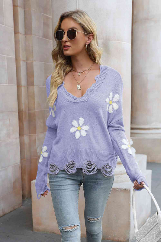 Flower Distressed Long Sleeve Sweater - Deals DejaVu