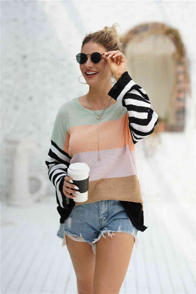 Striped Ribbed Trim Bell Sleeve Sweater - Deals DejaVu