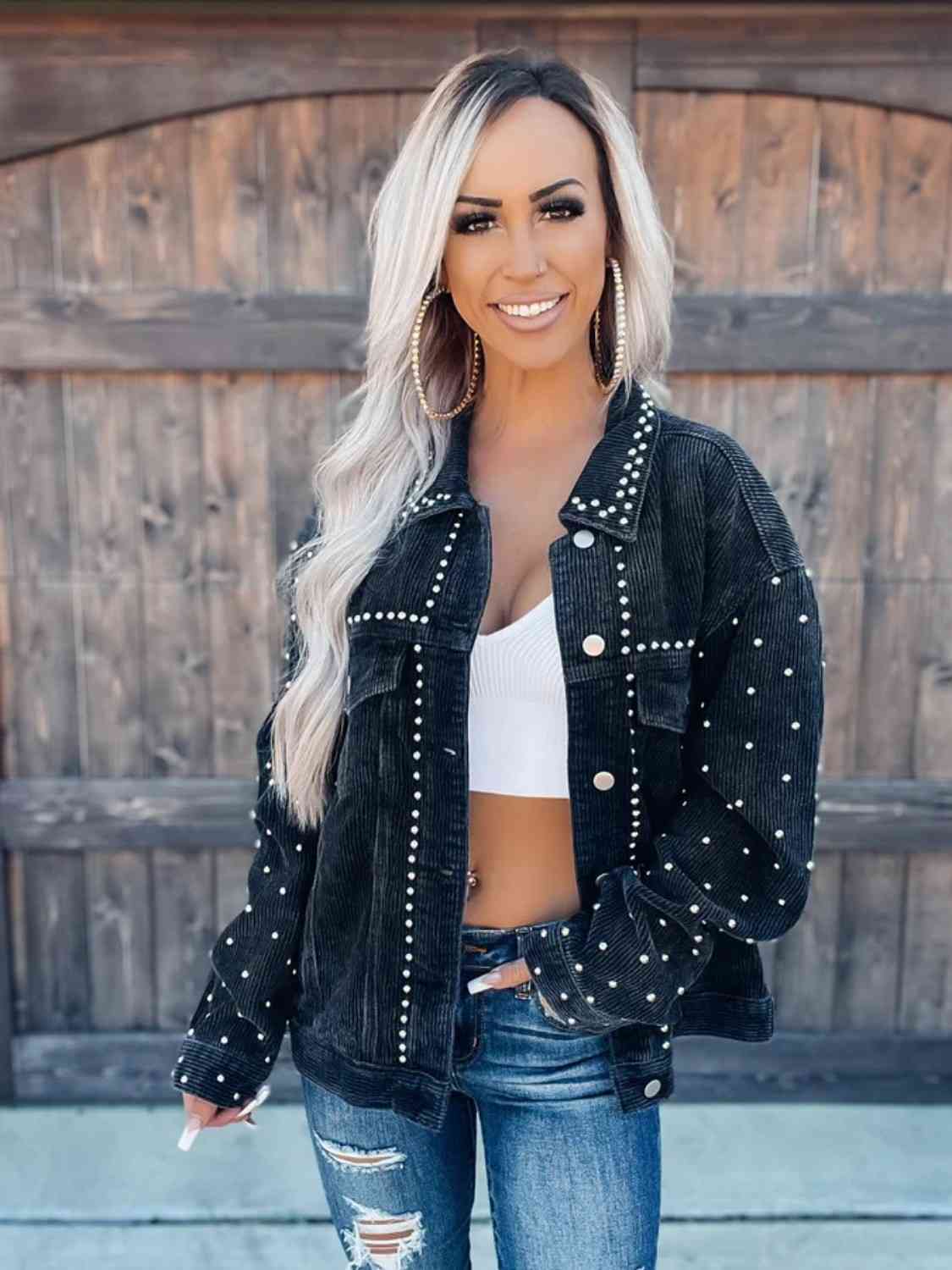 Studded Collared Neck Button Down Jacket (BFD) T - Deals DejaVu