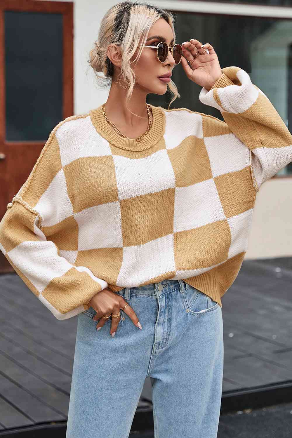 Checkered Exposed Seam Drooped Shoulder Sweater - Deals DejaVu