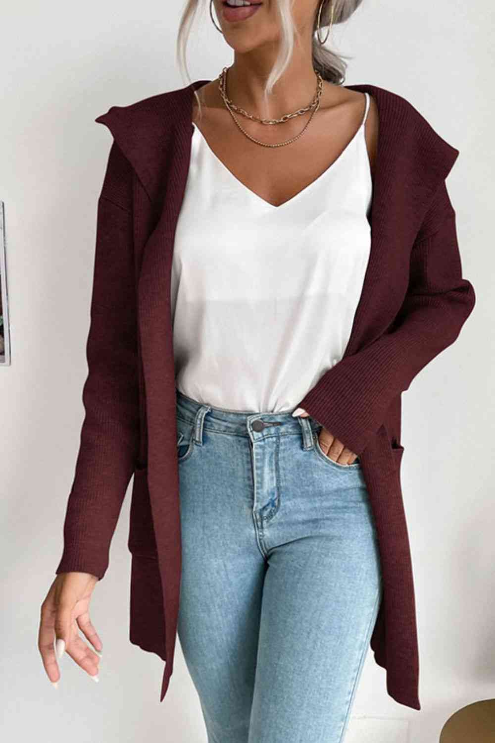 Double Take Ribbed Open Front Hooded Cardigan with Pockets - Deals DejaVu