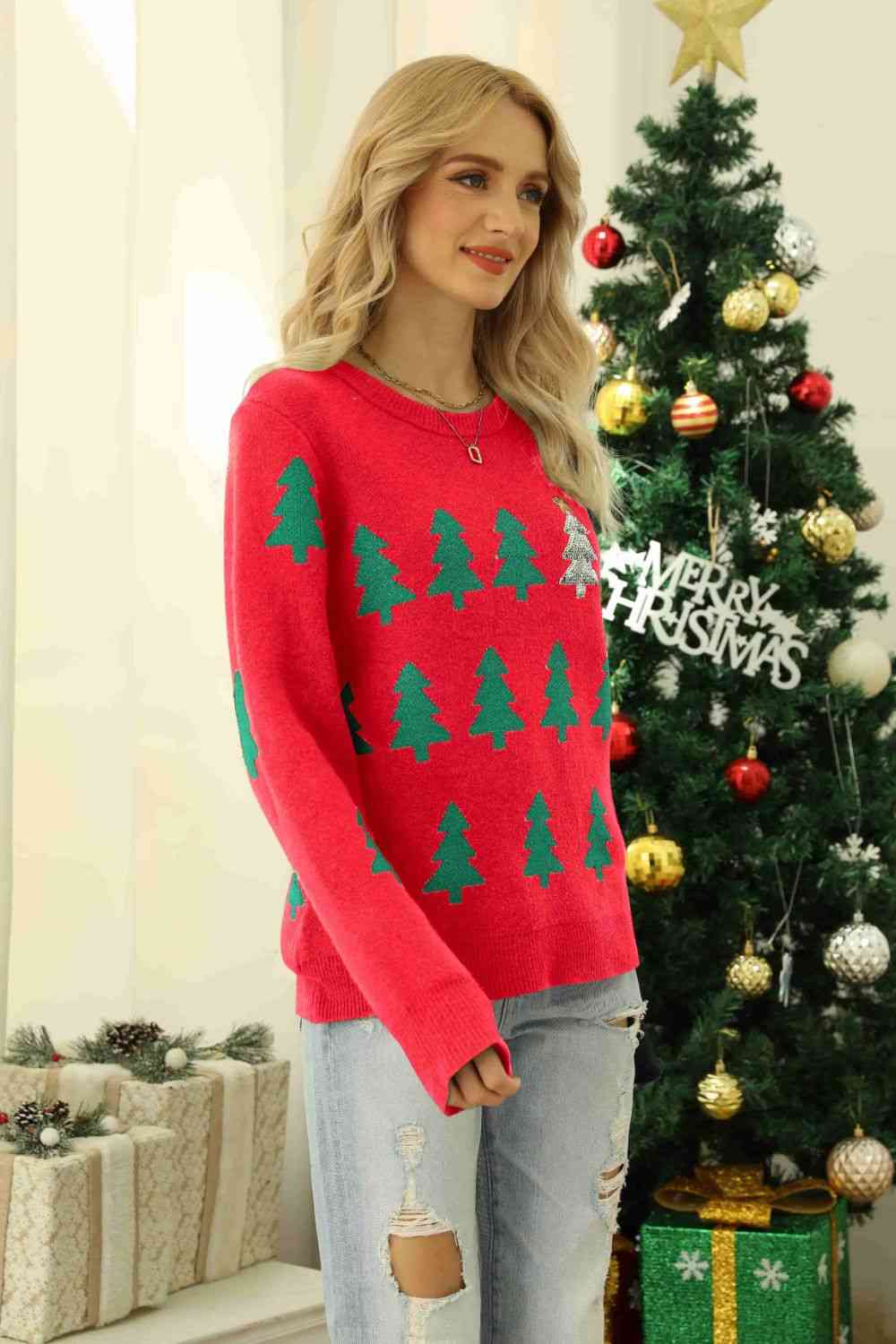 Christmas Tree Round Neck Ribbed Trim Sweater - Deals DejaVu