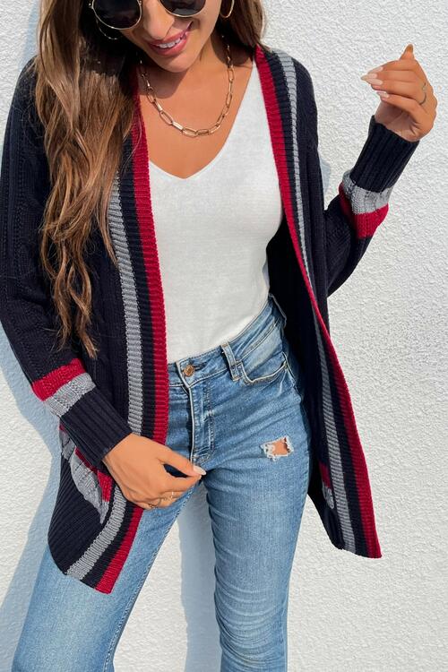 Open Front Striped Long Sleeve Cardigan - Deals DejaVu