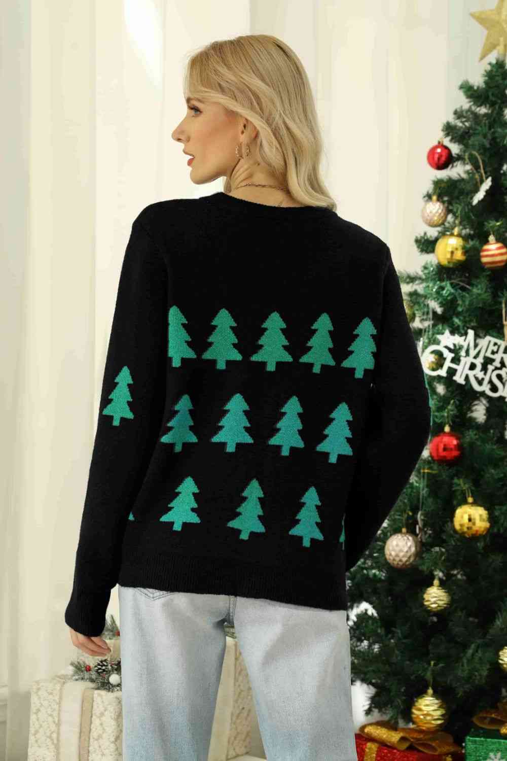 Christmas Tree Round Neck Ribbed Trim Sweater - Deals DejaVu