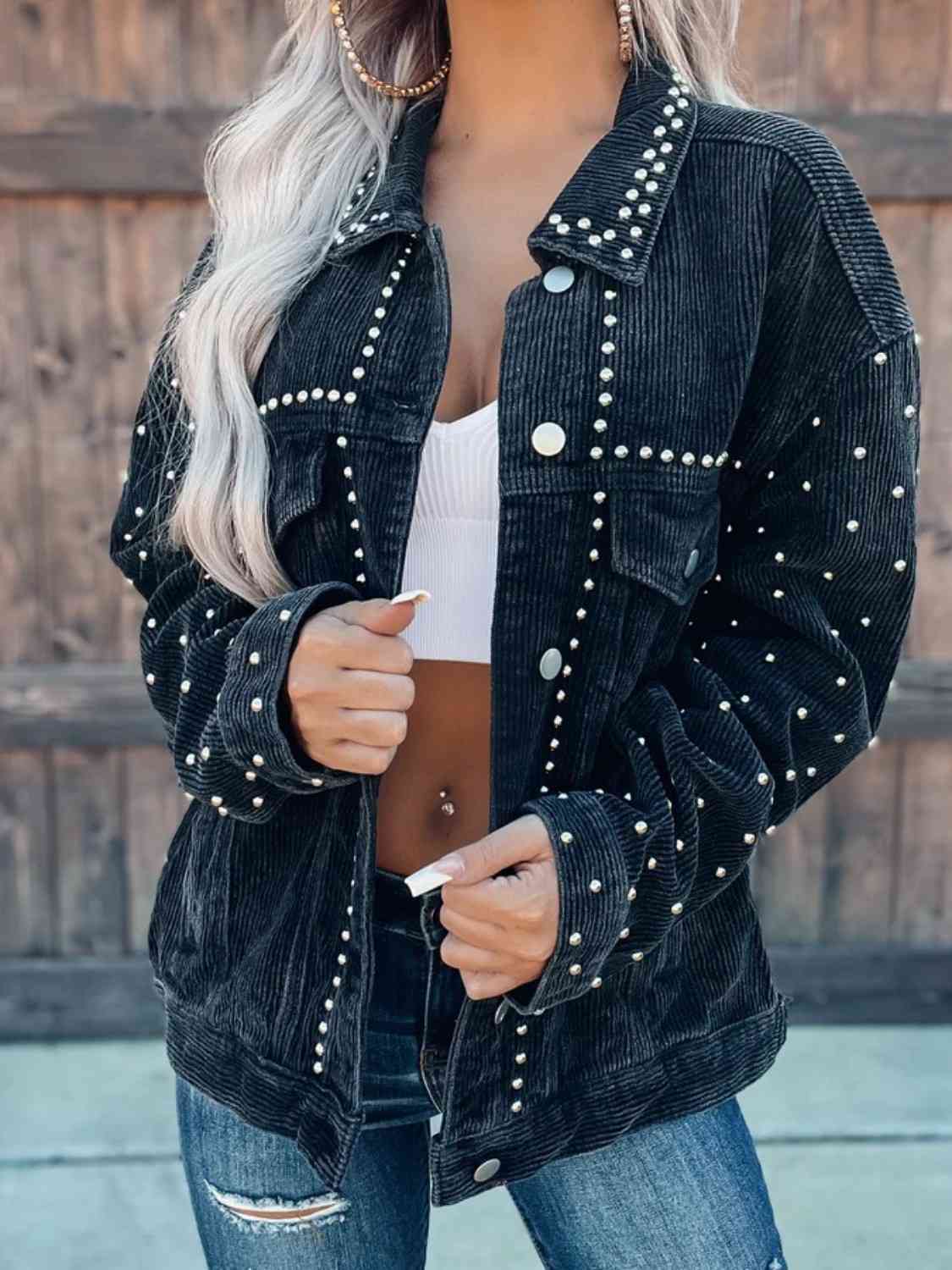 Studded Collared Neck Button Down Jacket (BFD) T - Deals DejaVu