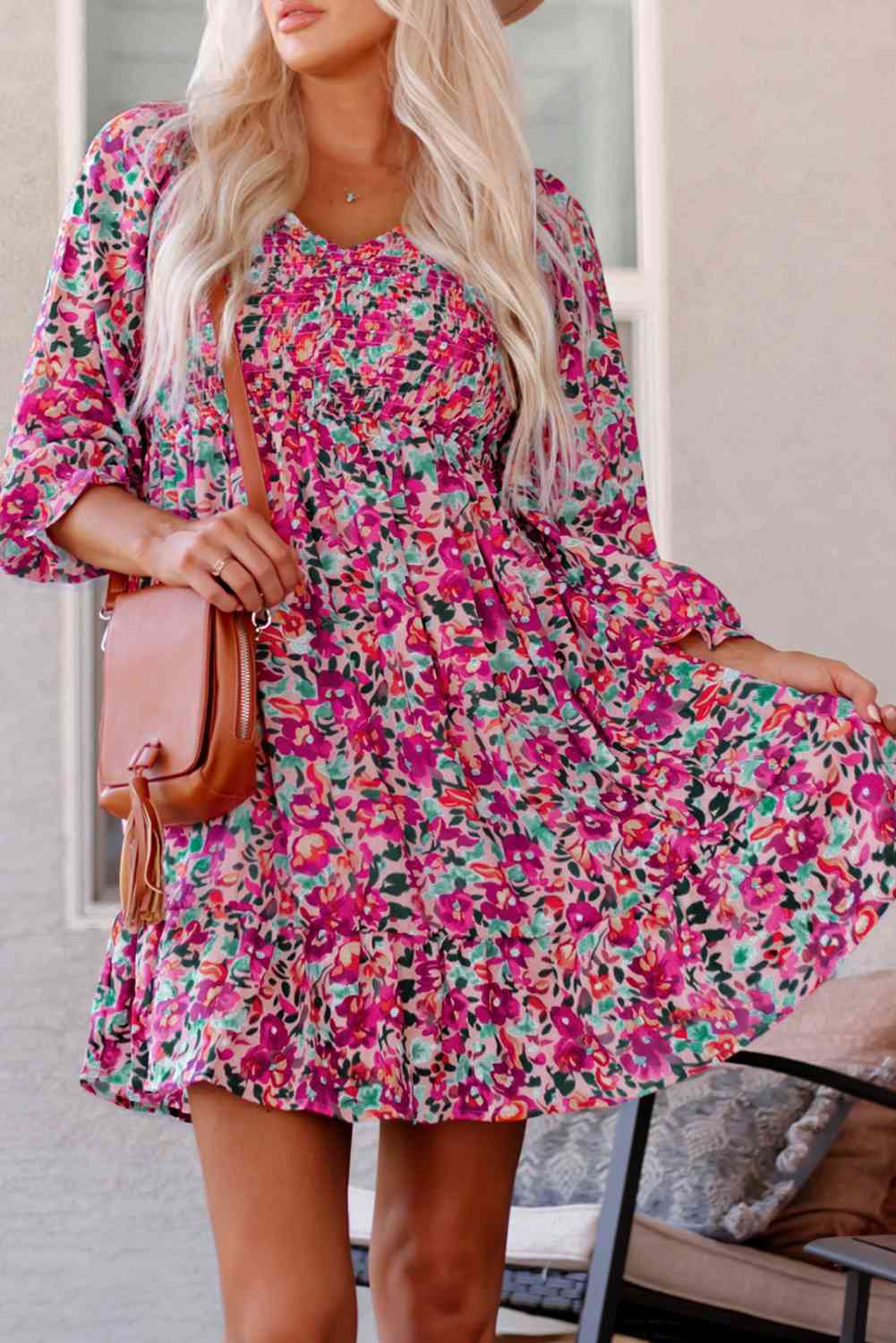 Floral Smocked V-Neck Flounce Sleeve Dress (MWBT) T - Deals DejaVu