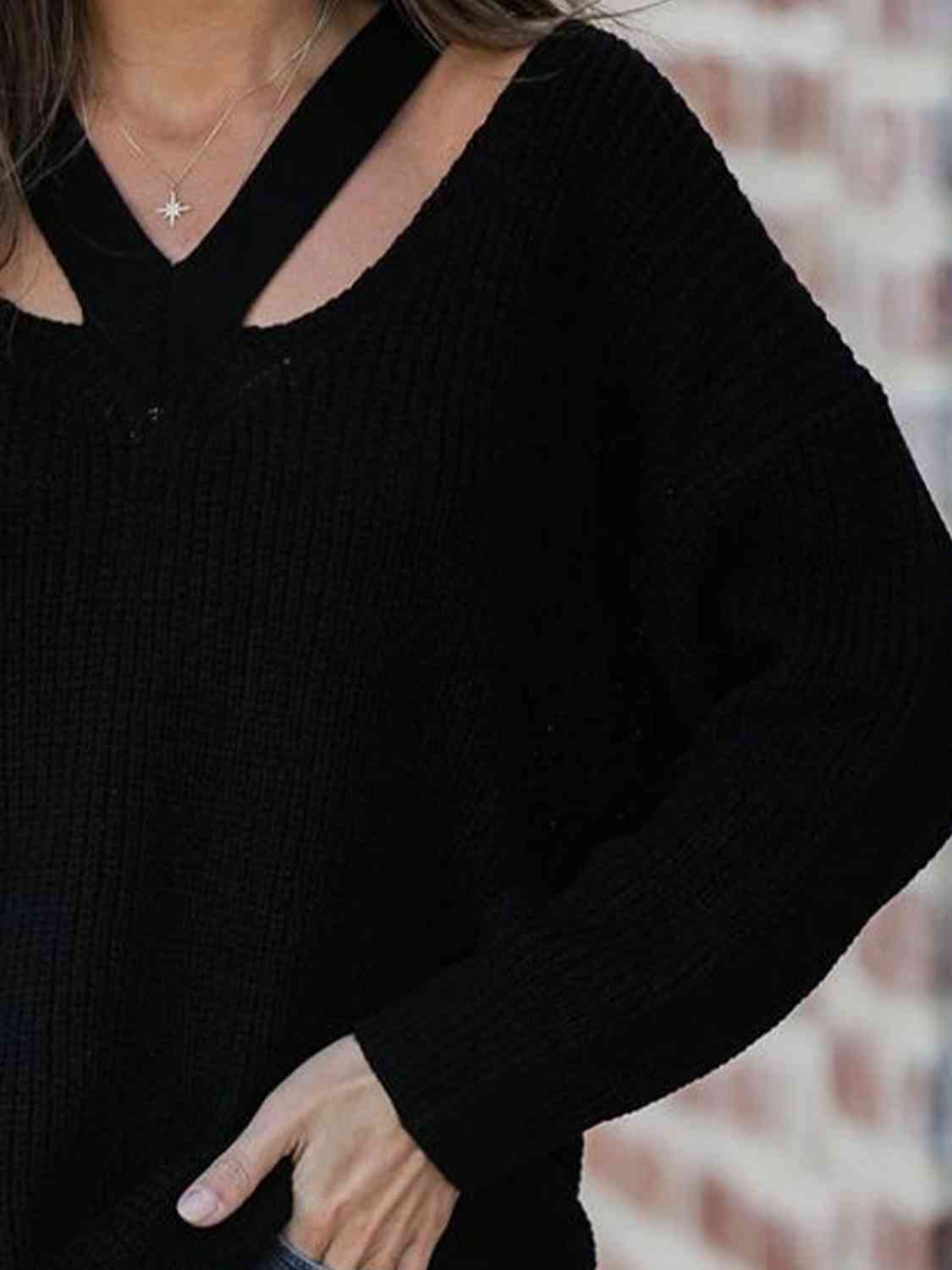 Full Size Cutout V-Neck Rib-Knit Sweater - Deals DejaVu