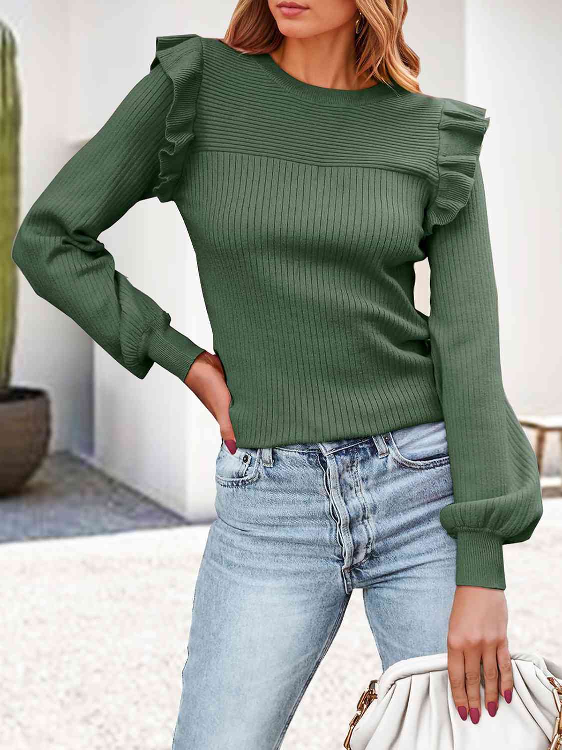 Ribbed Ruffled Round Neck Long Sleeve Knit-Top - Deals DejaVu