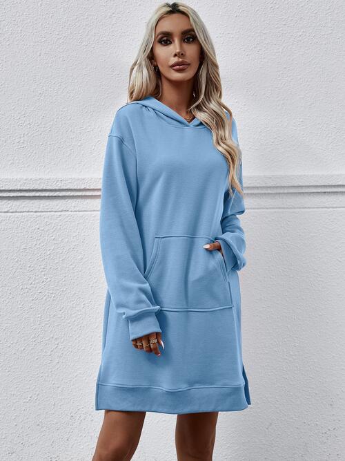 Slit Long Sleeve Hooded Dress with Pocket (MWBT) T - Deals DejaVu