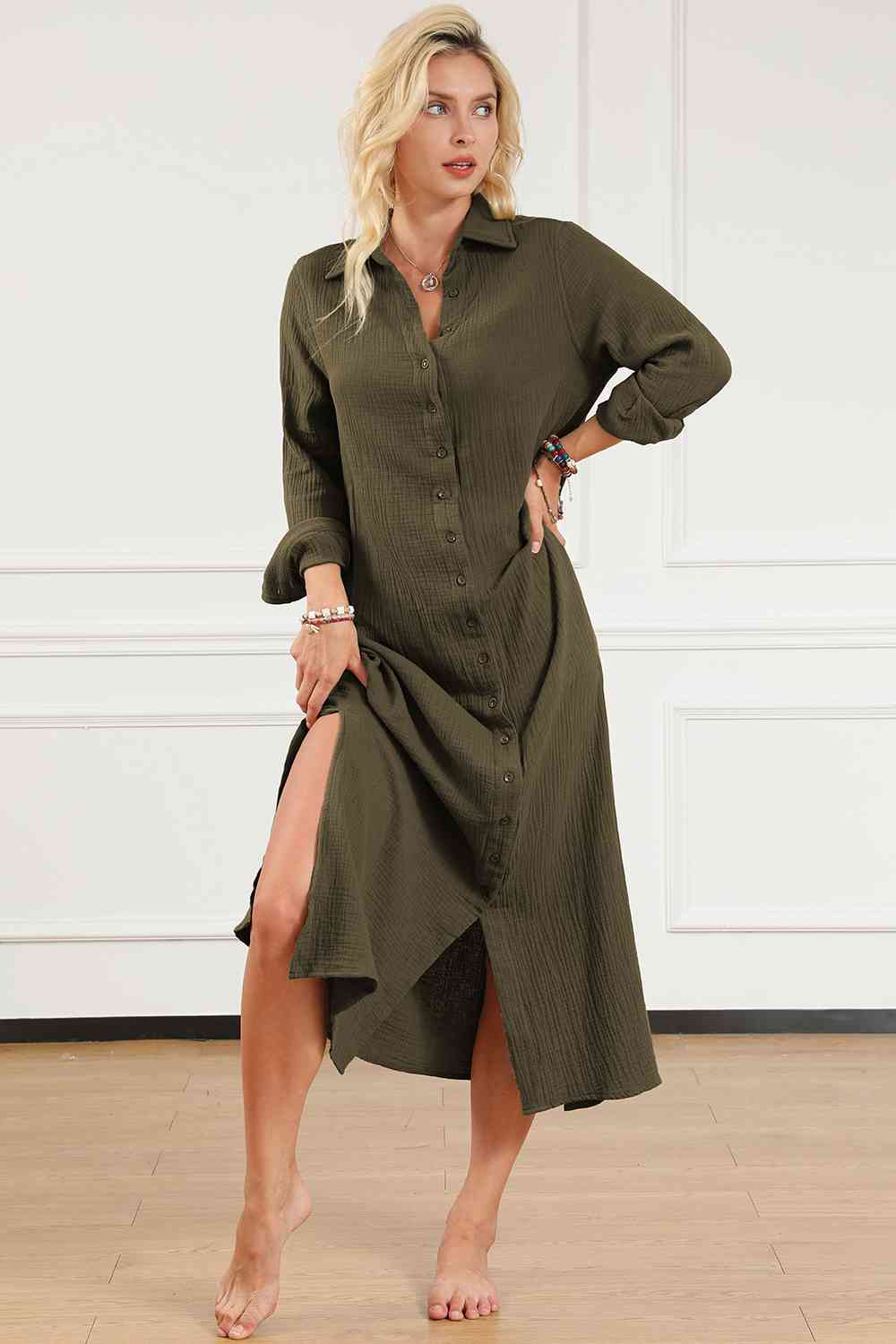 Texture Collared Neck Button Up Slit Shirt Dress (BWMT) T - Deals DejaVu