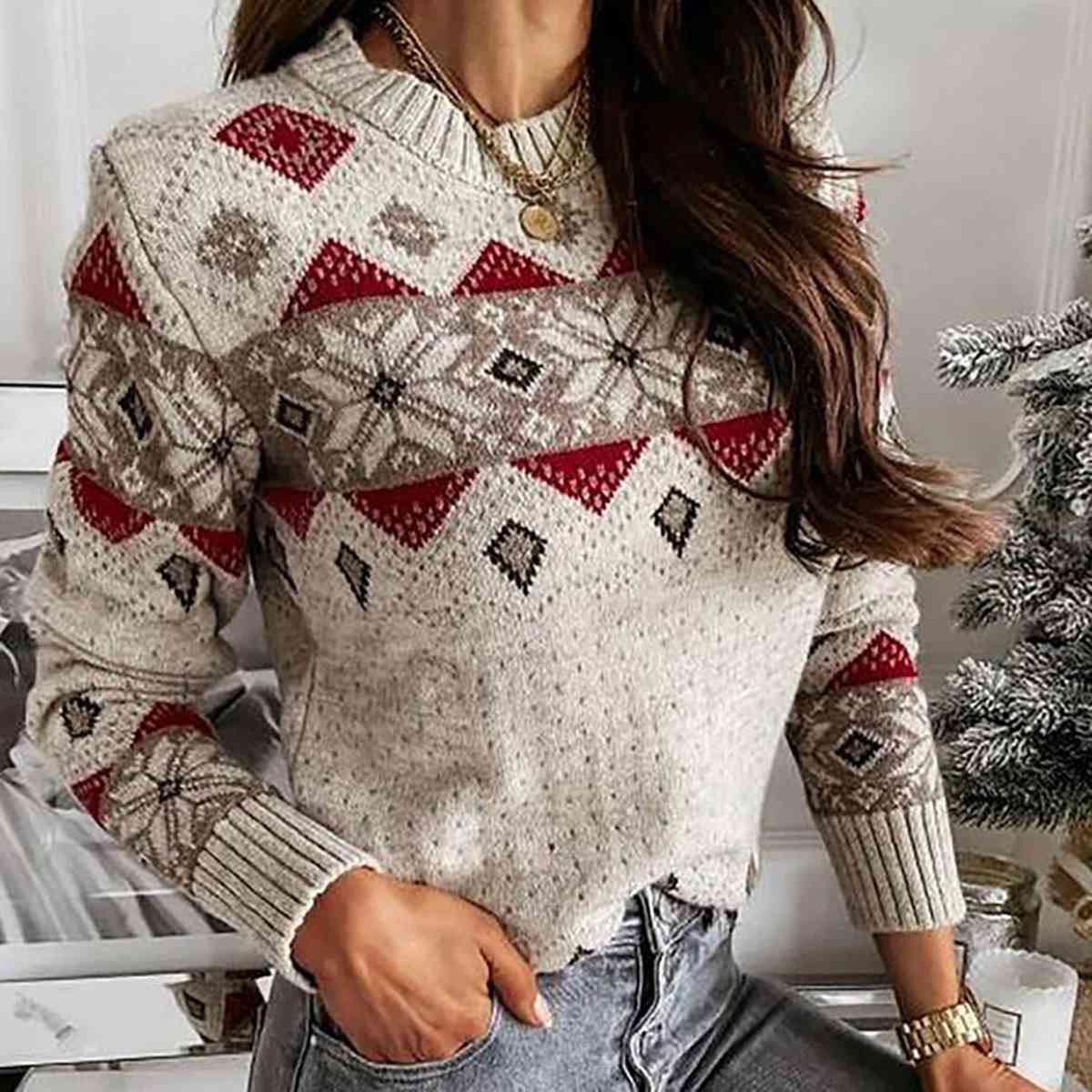 Snowflake Round Neck Sweater - Deals DejaVu