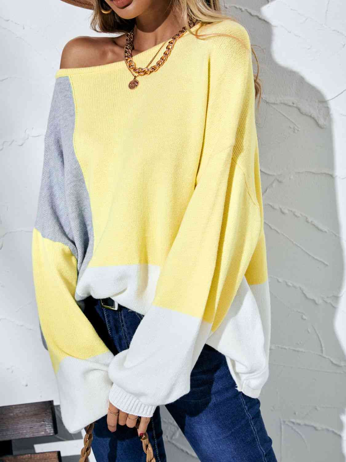 Color Block Balloon Sleeve Boat Neck Sweater - Deals DejaVu