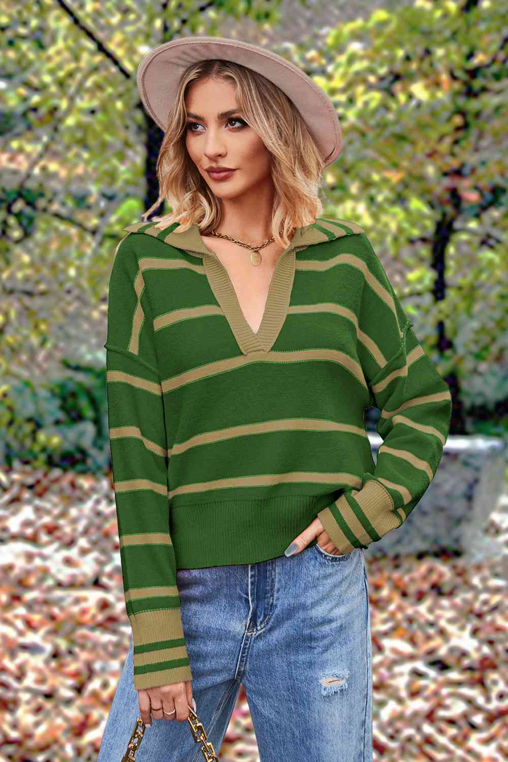 Striped Collared Long Sleeve Sweater - Deals DejaVu